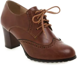 MIOKE Women's Lace Up Wingtip Pump Oxfords Brogues Perforated Chunky Block High Heel Vintage Dress Shoes