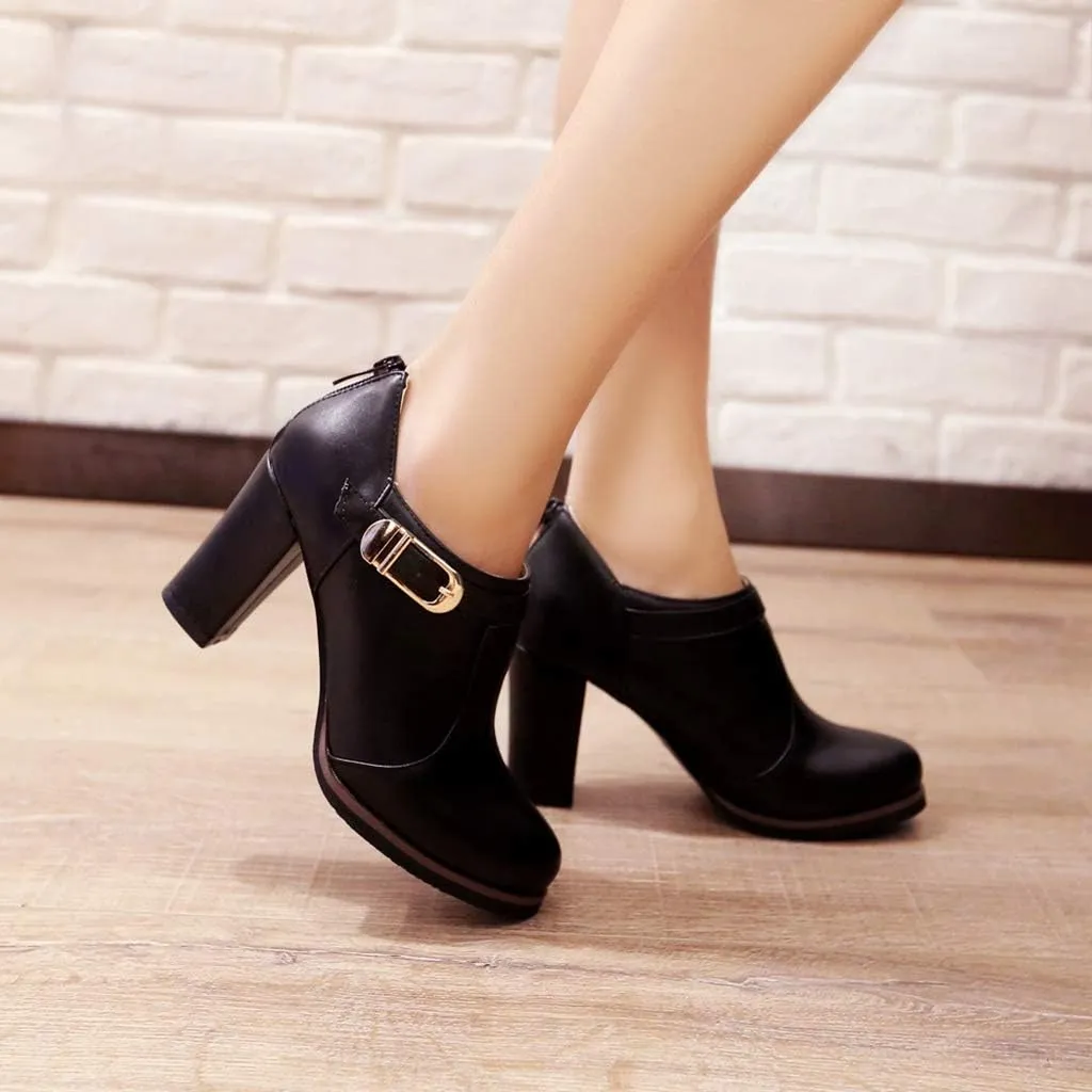 MIOKE Women's Round Toe Chunky Platform Oxford Pumps Buckle Slip On High Heel Zipper Uniform Dress Shoes