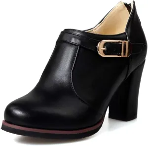 MIOKE Women's Round Toe Chunky Platform Oxford Pumps Buckle Slip On High Heel Zipper Uniform Dress Shoes