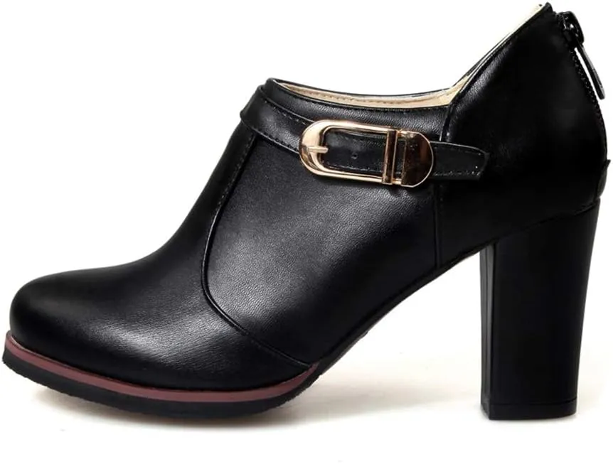 MIOKE Women's Round Toe Chunky Platform Oxford Pumps Buckle Slip On High Heel Zipper Uniform Dress Shoes