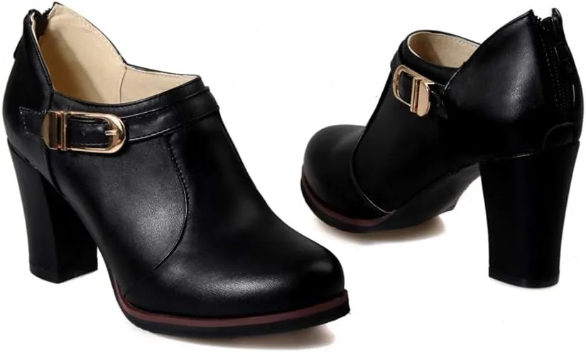 MIOKE Women's Round Toe Chunky Platform Oxford Pumps Buckle Slip On High Heel Zipper Uniform Dress Shoes
