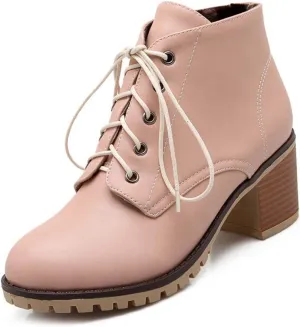 MIOKE Women's Round Toe Lace Up Dressy Ankle Boots Vintage Platform Chunky Heel Dressy Oxford Short Booties