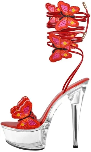MissHeel Butterfly Heels Clear Platform Lace Up High Heel Sandals