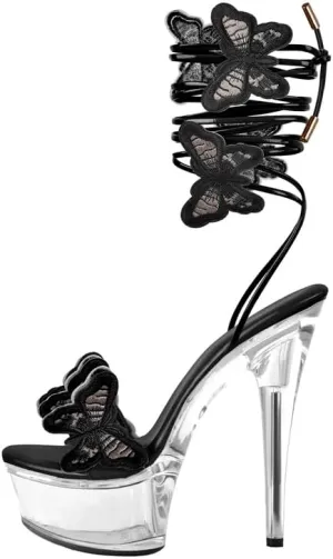MissHeel Butterfly Heels Clear Platform Lace Up High Heel Sandals