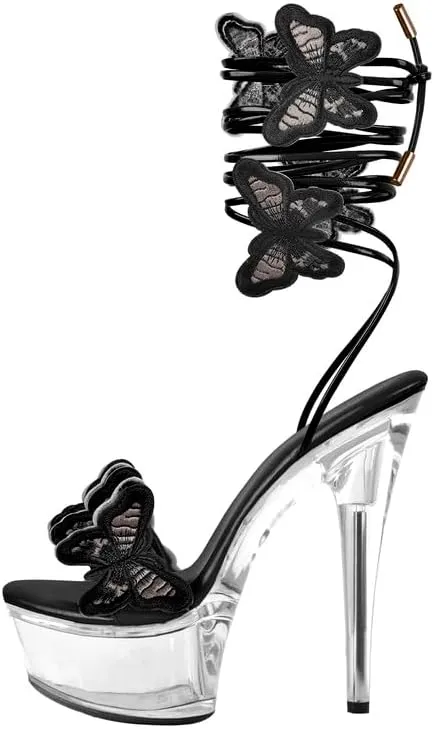 MissHeel Butterfly Heels Clear Platform Lace Up High Heel Sandals
