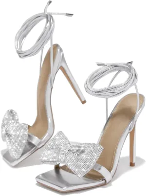 MissHeel Rhinestone Bow Lace Up Heel Stiletto in Silver/Gold