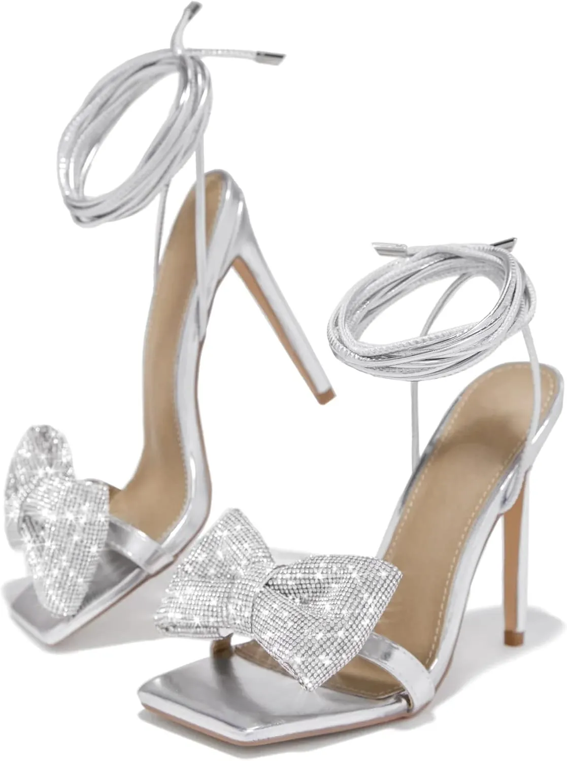 MissHeel Rhinestone Bow Lace Up Heel Stiletto in Silver/Gold