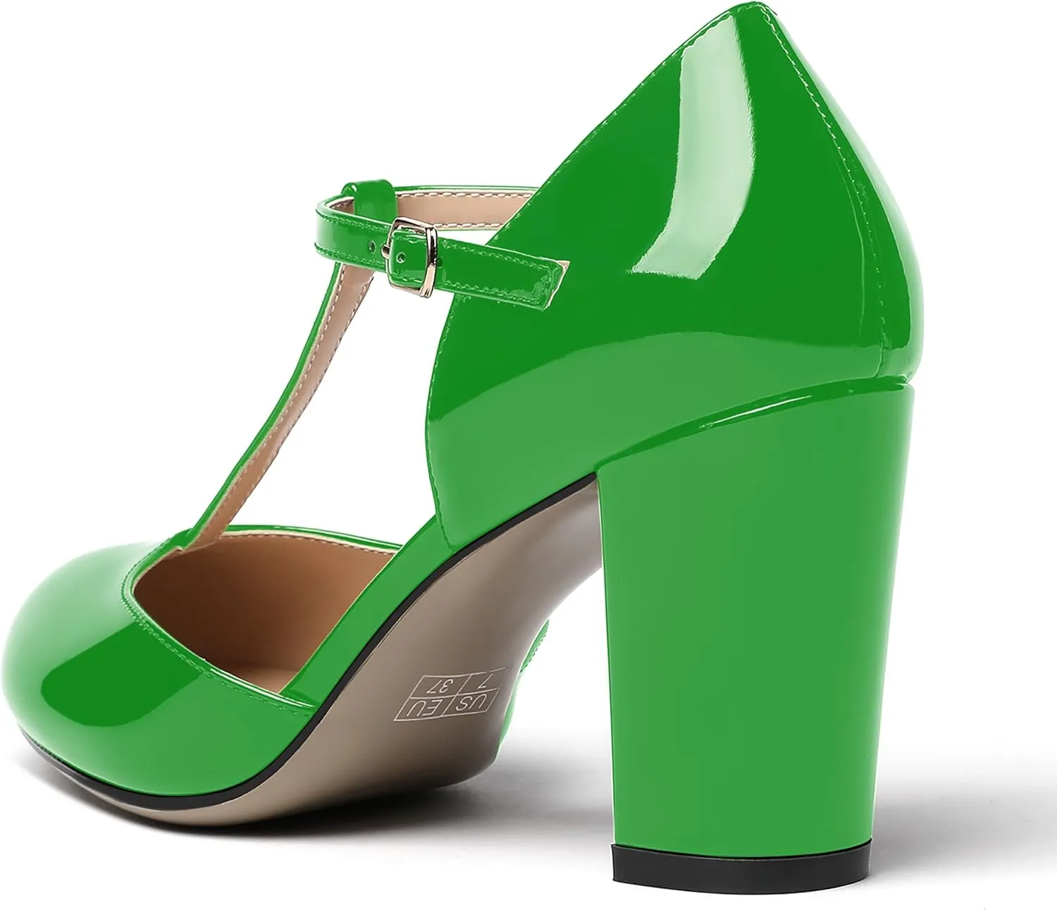 MODENCOCO Women's Patent Buckle Ankle Strap Solid Round Toe T Strap Block High Heel Pumps Shoes 3.5 Inch
