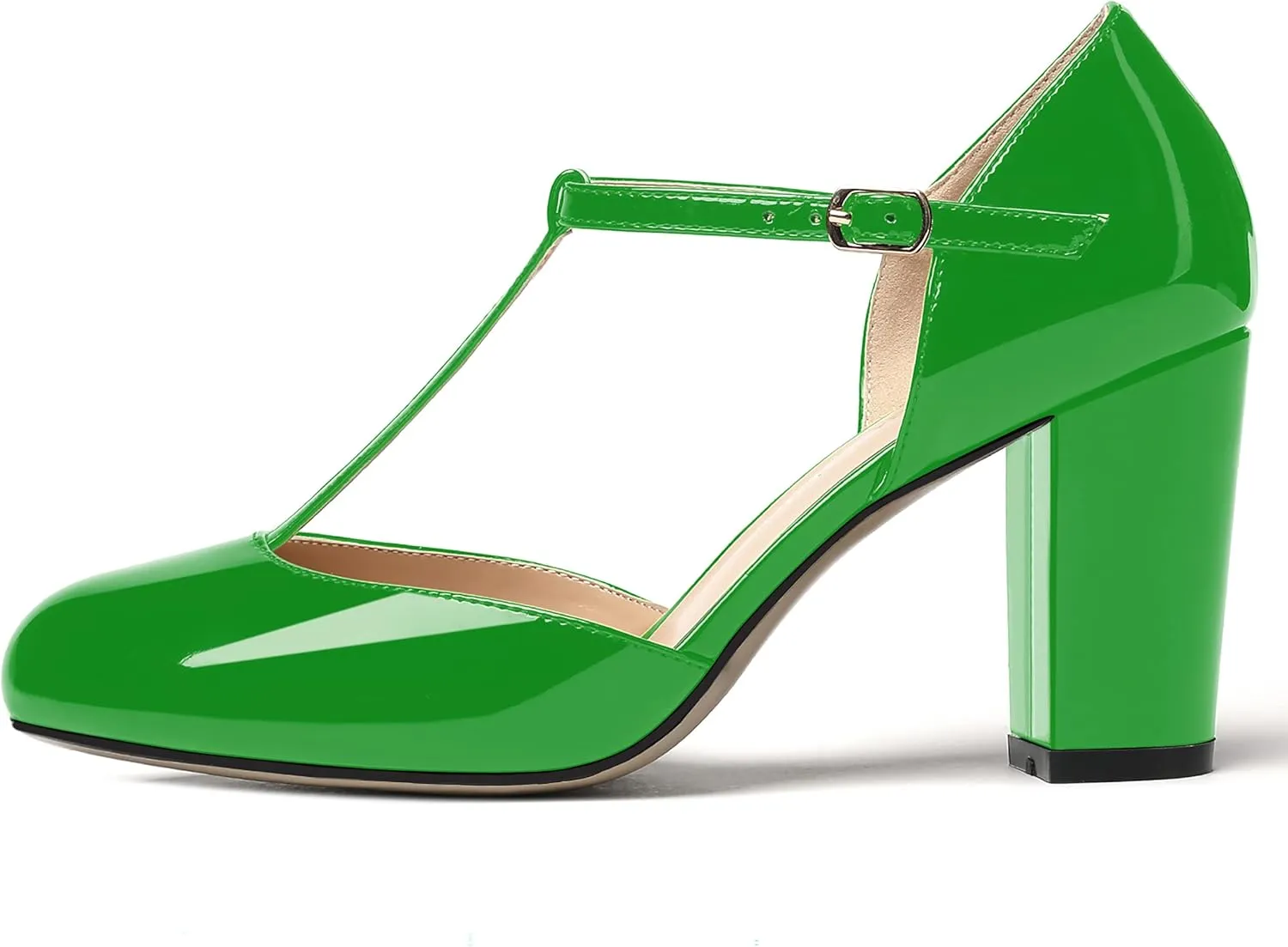 MODENCOCO Women's Patent Buckle Ankle Strap Solid Round Toe T Strap Block High Heel Pumps Shoes 3.5 Inch