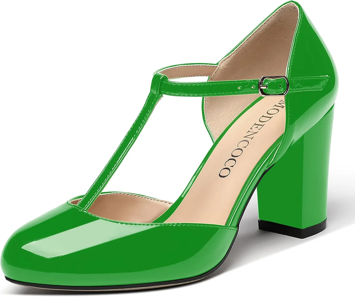MODENCOCO Women's Patent Buckle Ankle Strap Solid Round Toe T Strap Block High Heel Pumps Shoes 3.5 Inch
