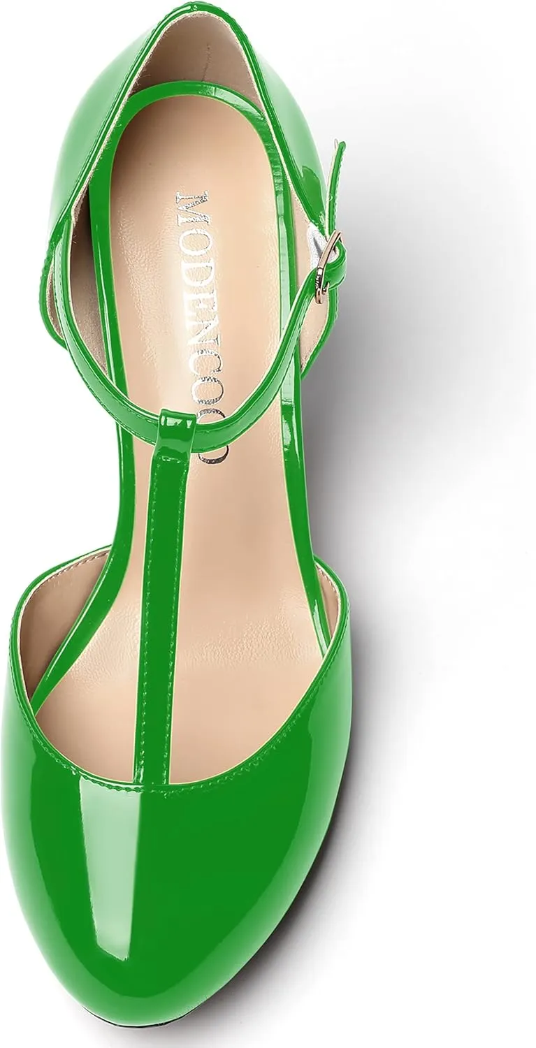 MODENCOCO Women's Patent Buckle Ankle Strap Solid Round Toe T Strap Block High Heel Pumps Shoes 3.5 Inch