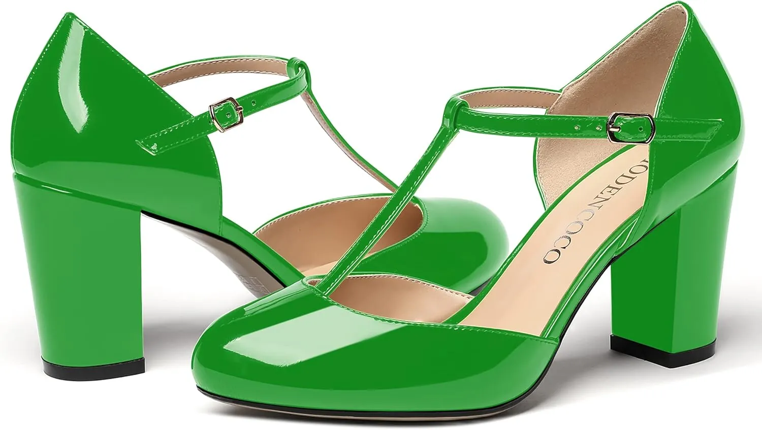 MODENCOCO Women's Patent Buckle Ankle Strap Solid Round Toe T Strap Block High Heel Pumps Shoes 3.5 Inch