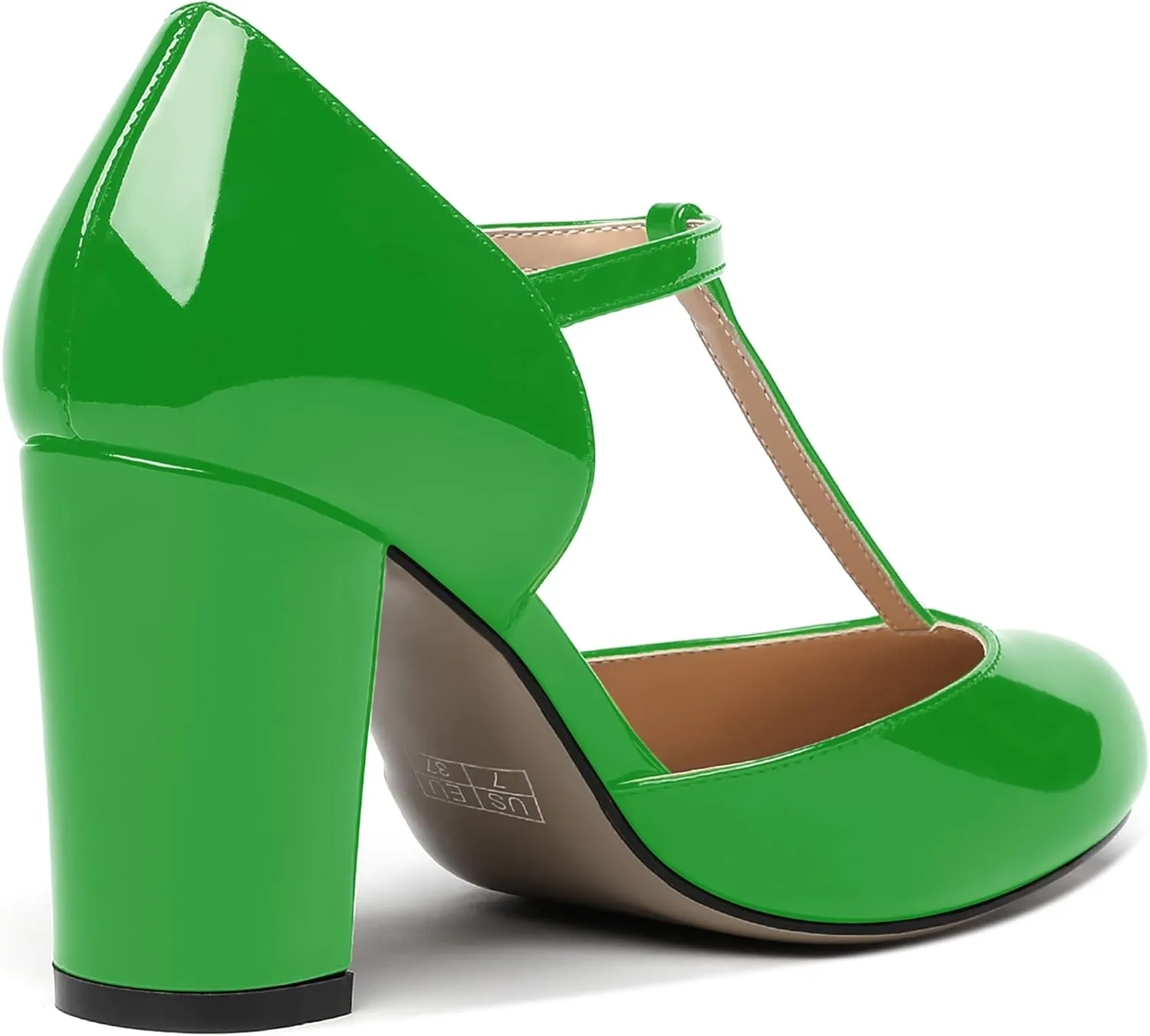 MODENCOCO Women's Patent Buckle Ankle Strap Solid Round Toe T Strap Block High Heel Pumps Shoes 3.5 Inch