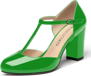 MODENCOCO Women's Patent Buckle Ankle Strap Solid Round Toe T Strap Block High Heel Pumps Shoes 3.5 Inch