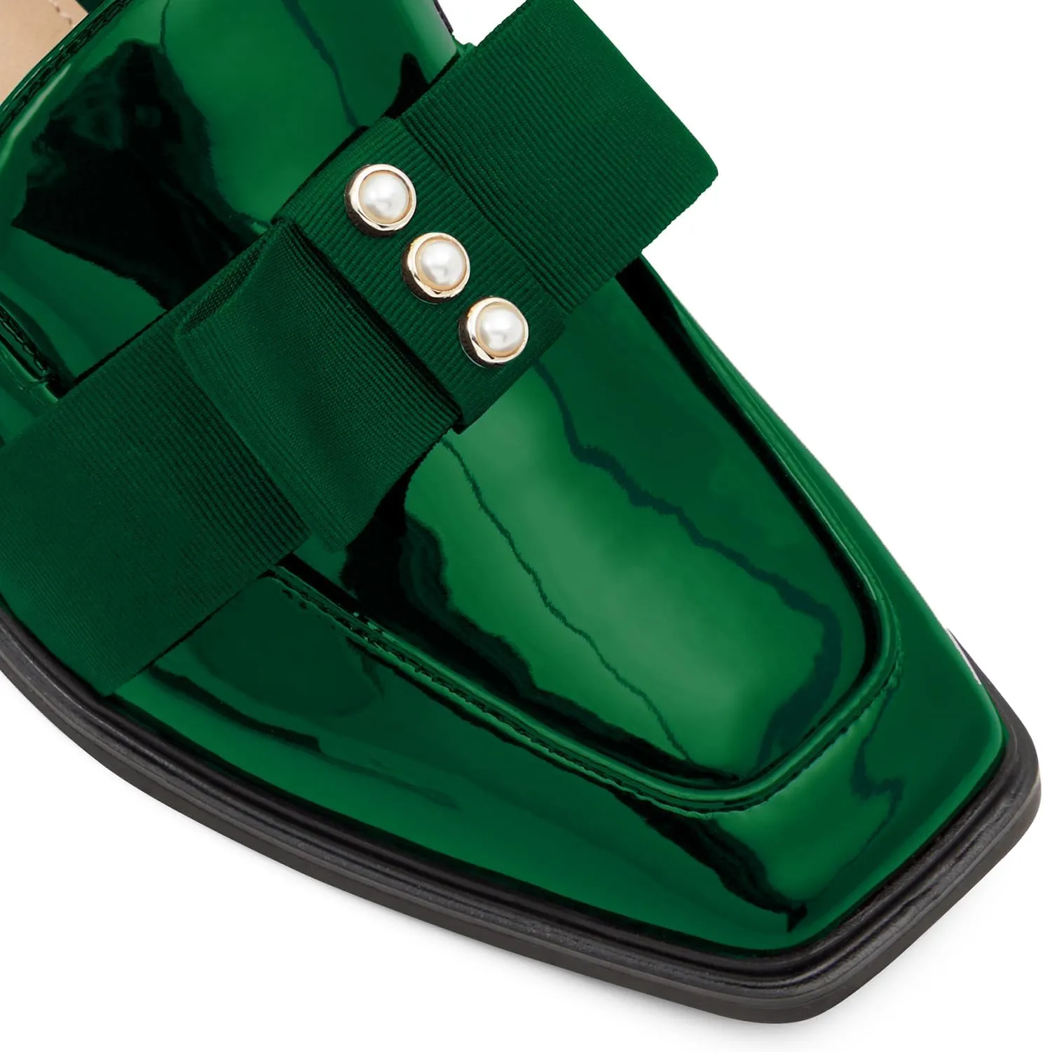 MOOMMO Women Low Chunky Heel Bow Loafers Patent Slip On Square Toe Loafer Pumps Pearl 1 inch Block Heel Dress Shoes Comfort Office Ladies Oxford Loafer Shoes Bow Cute Office 4-11 M US