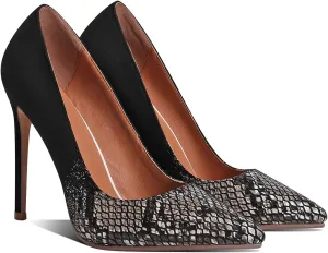 MOOMMO Women Pointed Toe Stiletto Pumps High Heel Slip On Suede Leather Sandals Closed Toe Snake Pattern Patchwork Classic Sexy Party Dress Shoes 4-11 M US