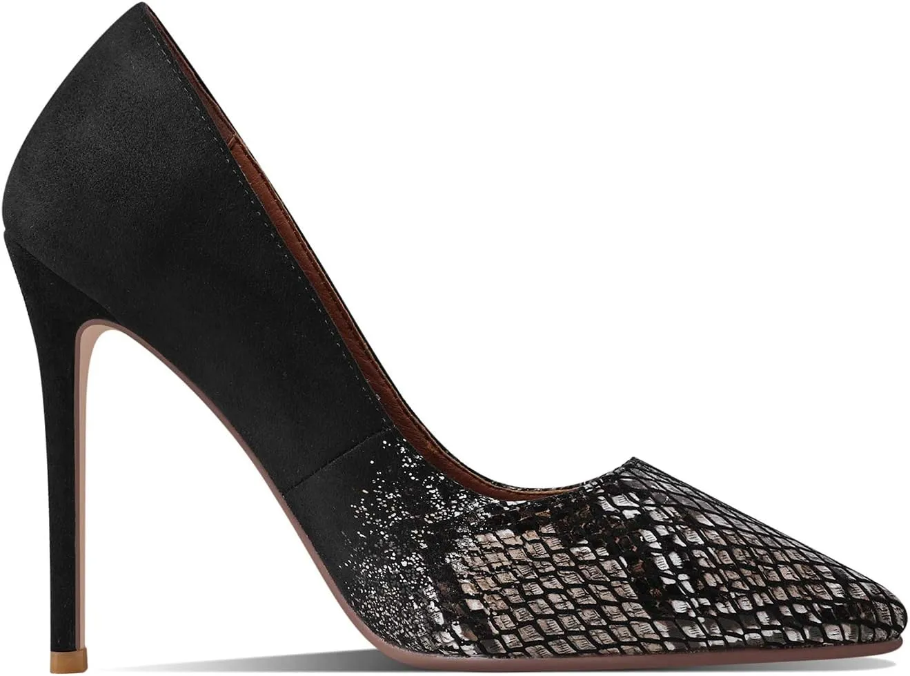 MOOMMO Women Pointed Toe Stiletto Pumps High Heel Slip On Suede Leather Sandals Closed Toe Snake Pattern Patchwork Classic Sexy Party Dress Shoes 4-11 M US