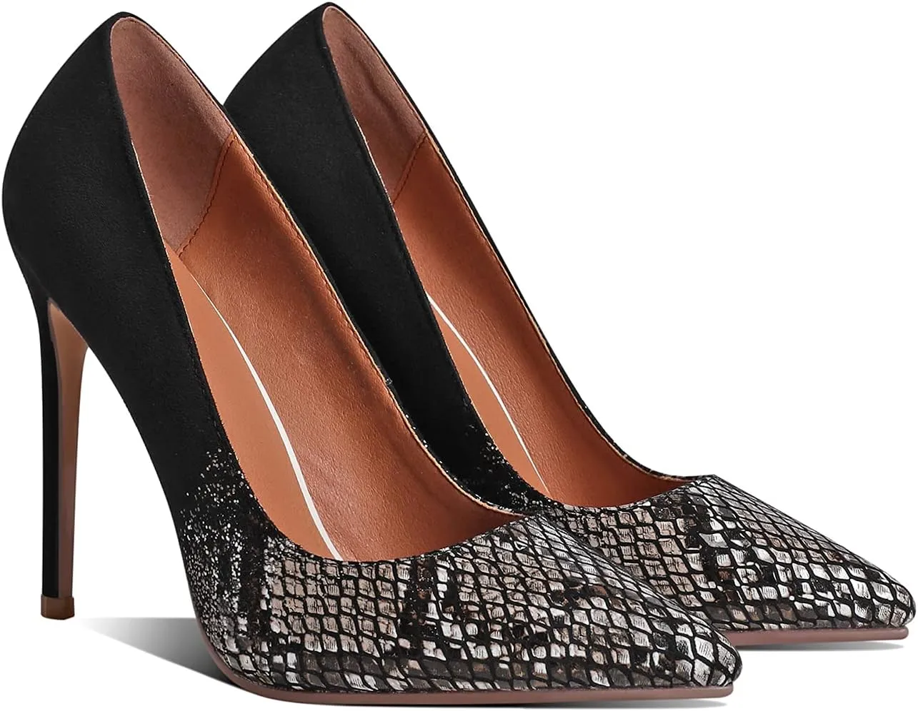 MOOMMO Women Pointed Toe Stiletto Pumps High Heel Slip On Suede Leather Sandals Closed Toe Snake Pattern Patchwork Classic Sexy Party Dress Shoes 4-11 M US