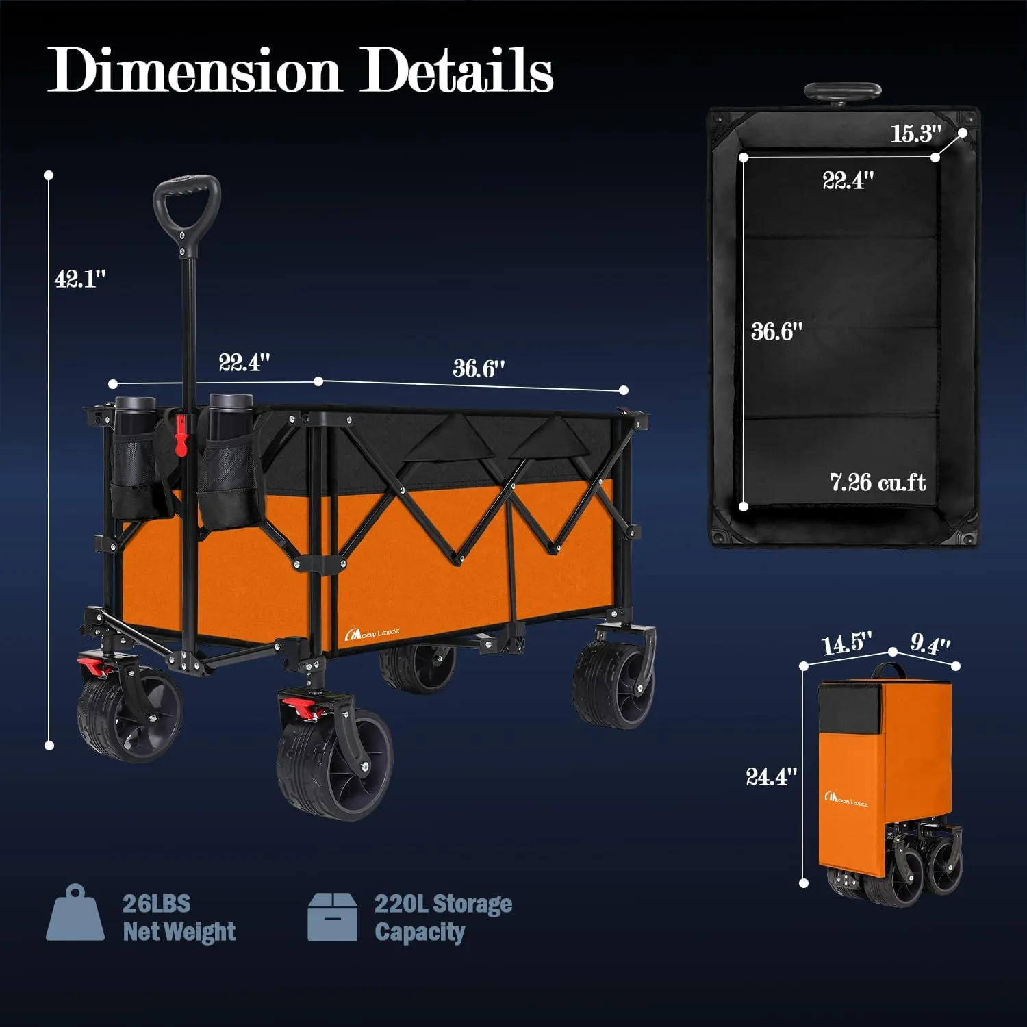 MOON LENCE Collapsible Foldable Wagon Cart, 220L Large Weight Capacity Folding Utility Wagon with All-Terrain Big Wheels, Utility Cart Wagon for Garden, Grocery, Shopping, Camping, Beach, Picnics