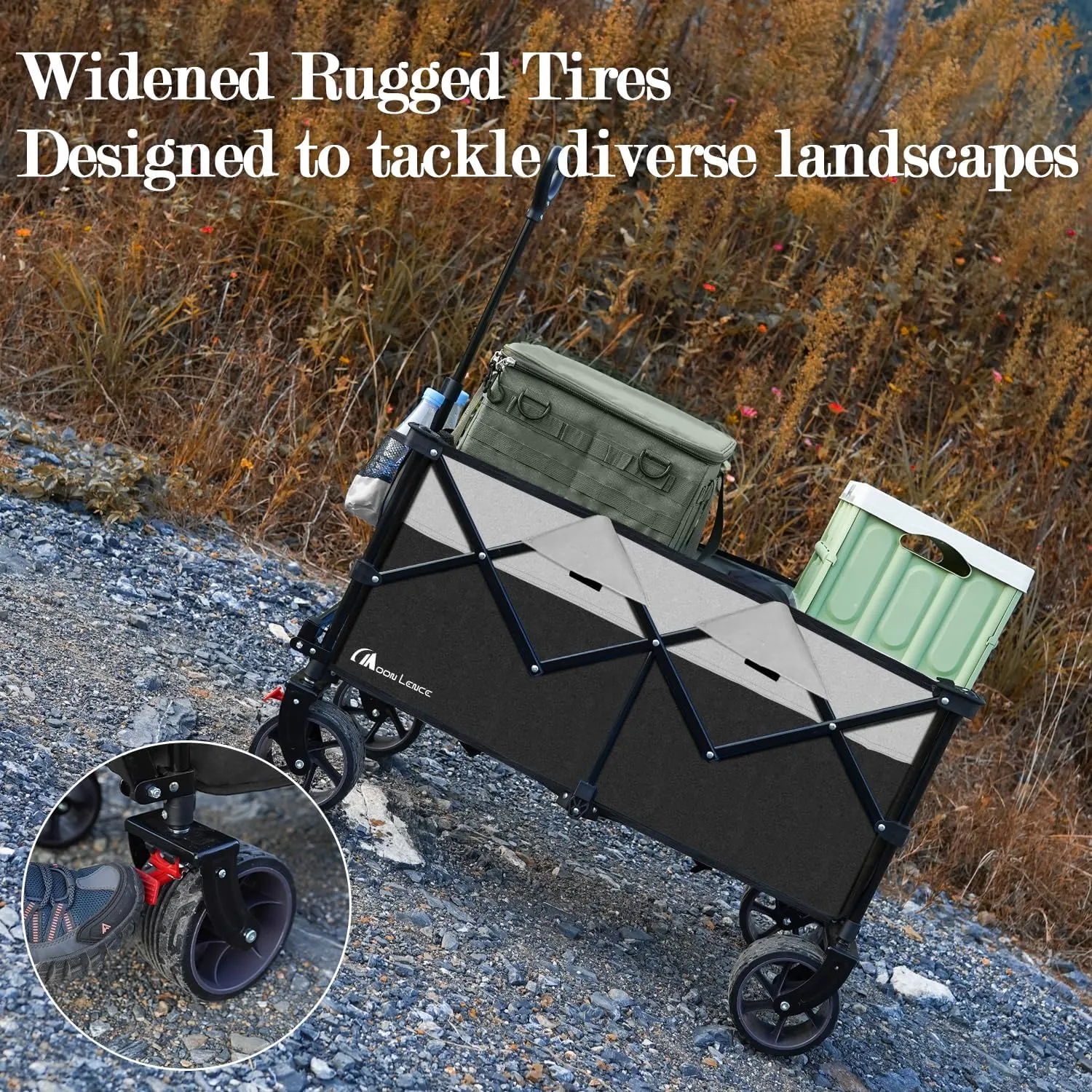 MOON LENCE Collapsible Foldable Wagon Cart, 220L Large Weight Capacity Folding Utility Wagon with All-Terrain Big Wheels, Utility Cart Wagon for Garden, Grocery, Shopping, Camping, Beach, Picnics