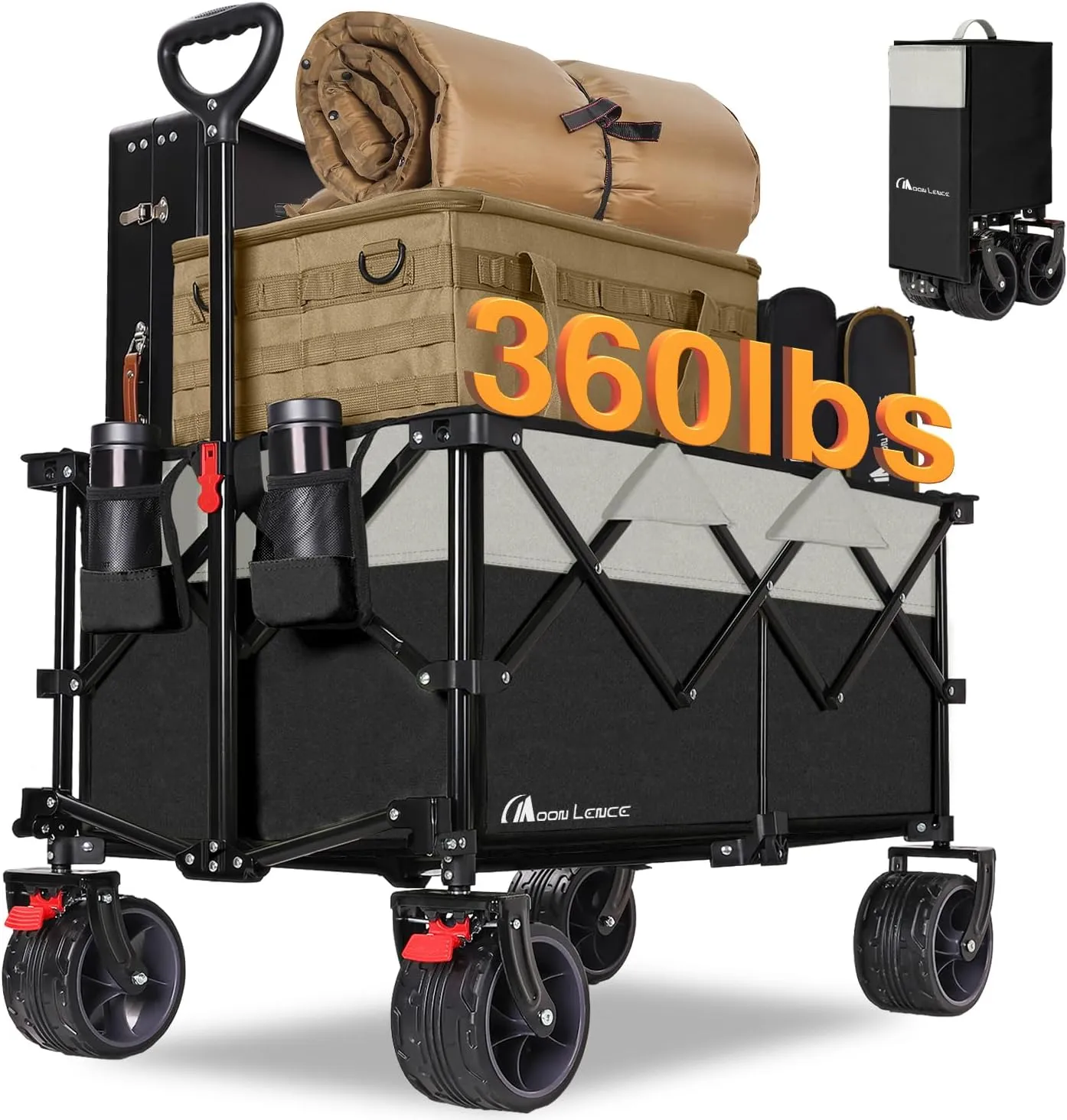 MOON LENCE Collapsible Foldable Wagon Cart, 220L Large Weight Capacity Folding Utility Wagon with All-Terrain Big Wheels, Utility Cart Wagon for Garden, Grocery, Shopping, Camping, Beach, Picnics