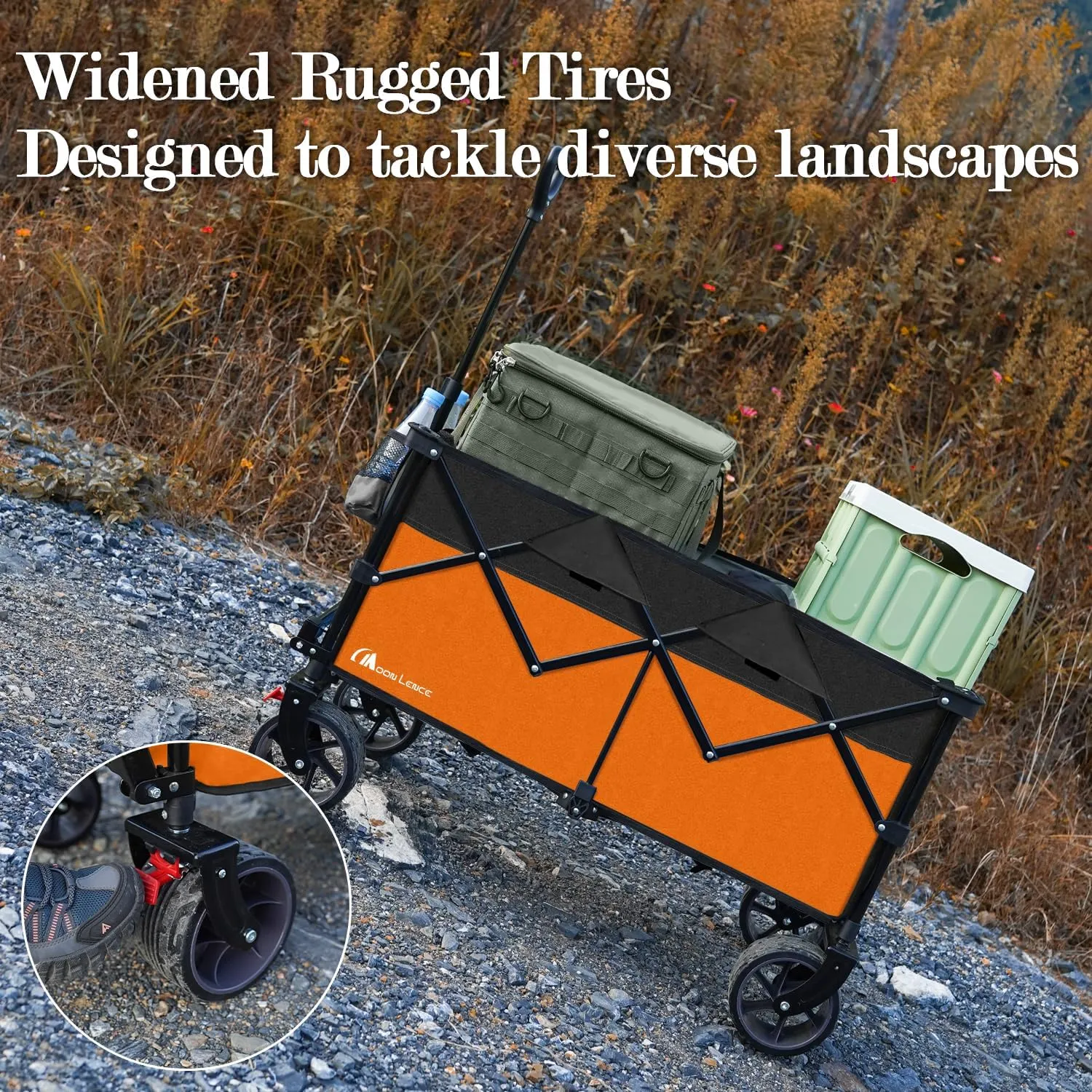 MOON LENCE Collapsible Foldable Wagon Cart, 220L Large Weight Capacity Folding Utility Wagon with All-Terrain Big Wheels, Utility Cart Wagon for Garden, Grocery, Shopping, Camping, Beach, Picnics