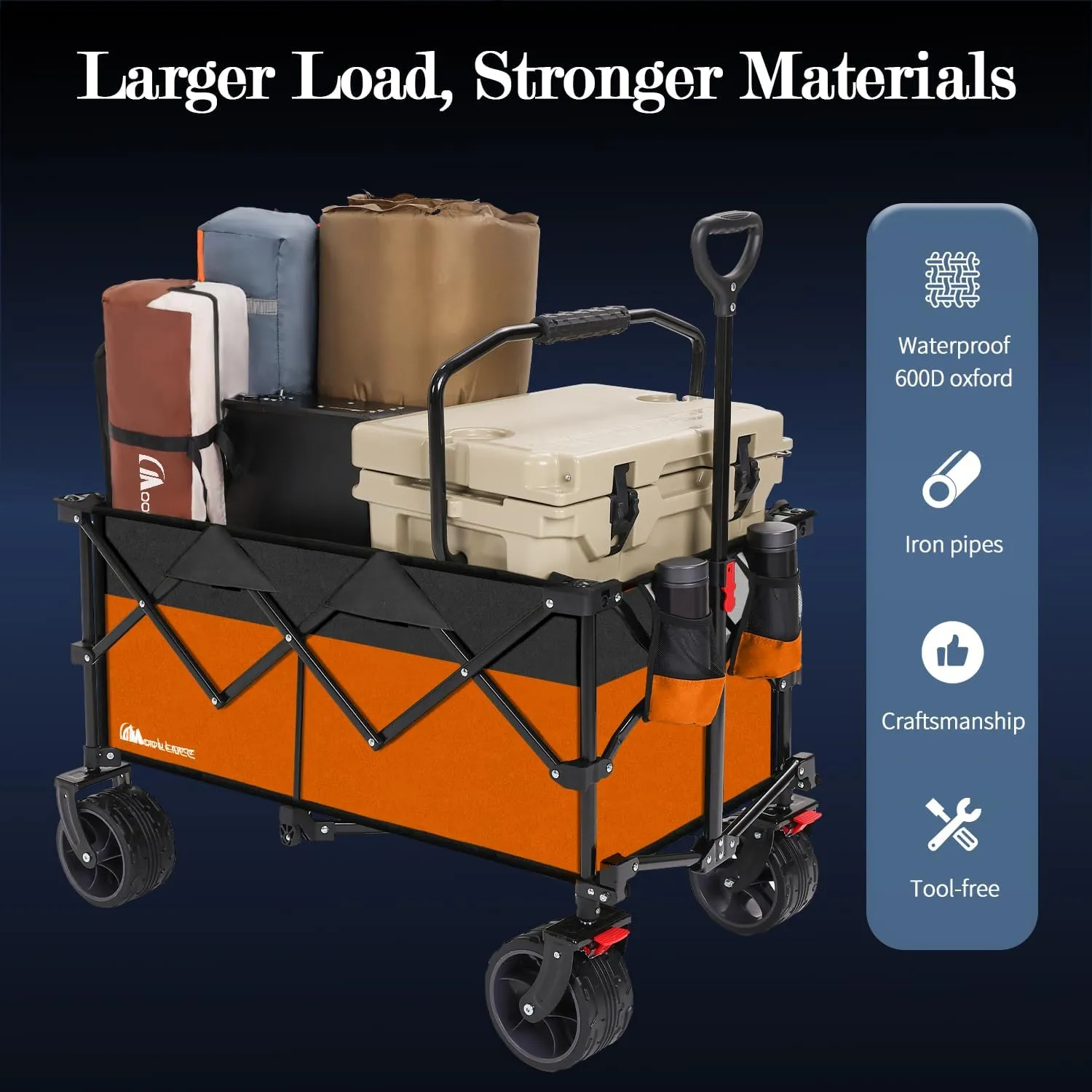 MOON LENCE Collapsible Foldable Wagon Cart, 220L Large Weight Capacity Folding Utility Wagon with All-Terrain Big Wheels, Utility Cart Wagon for Garden, Grocery, Shopping, Camping, Beach, Picnics