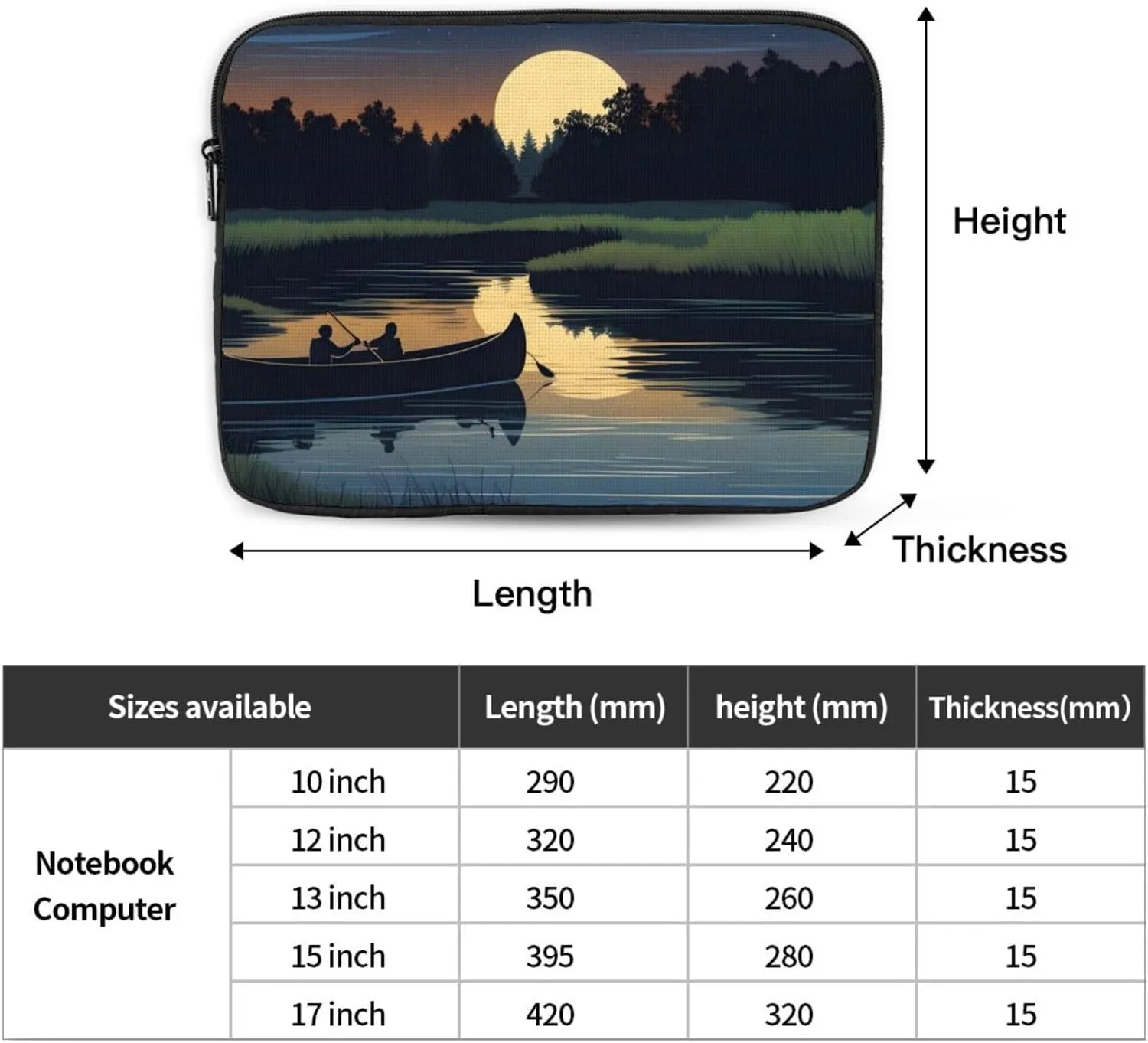Moonlit Canoe River Pattern Shockproof Portable Laptop 15 inch Sleeve Bag for Men and Women - Ideal for Business Travel, School, and Daily Use