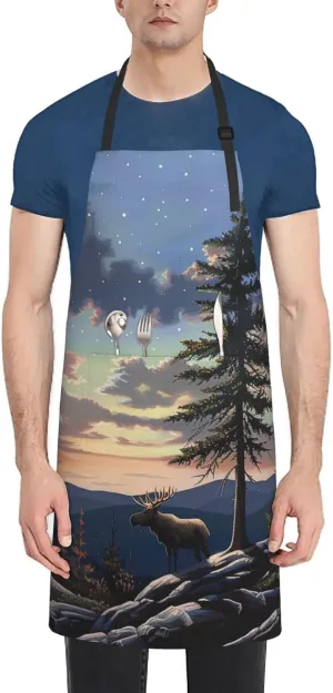 Moose Mountain Pine Tree Wilderness Print Adjustable Bib Aprons for Men Women, Unisex Chef Apron with Pockets for Kitchen Cooking BBQ Baking Gardening