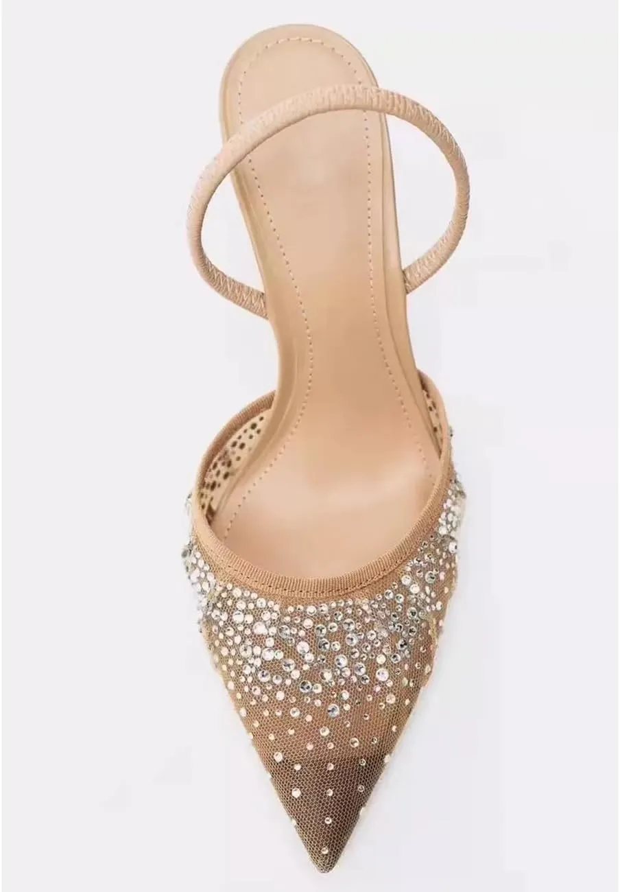 MRKEWUNEY Fashion Mesh Slingback Pumps Shoes for Women Ankle Strap Pointed Toe Pumps