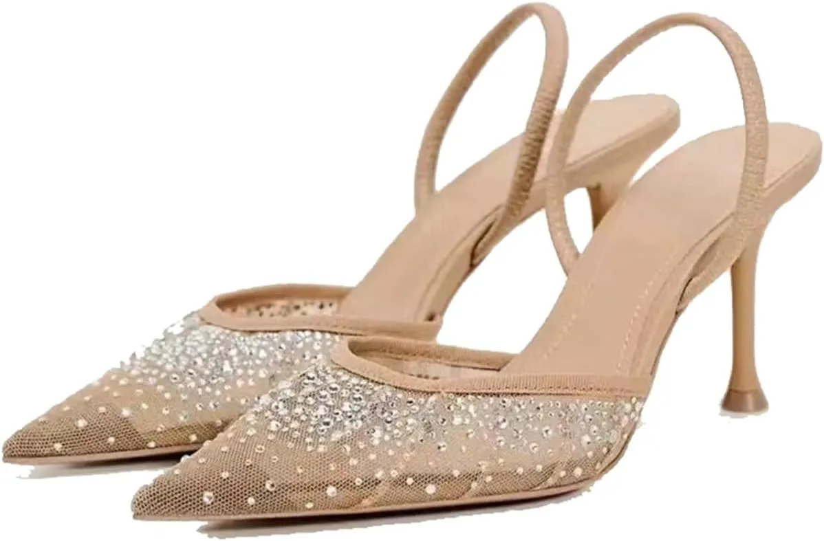 MRKEWUNEY Fashion Mesh Slingback Pumps Shoes for Women Ankle Strap Pointed Toe Pumps