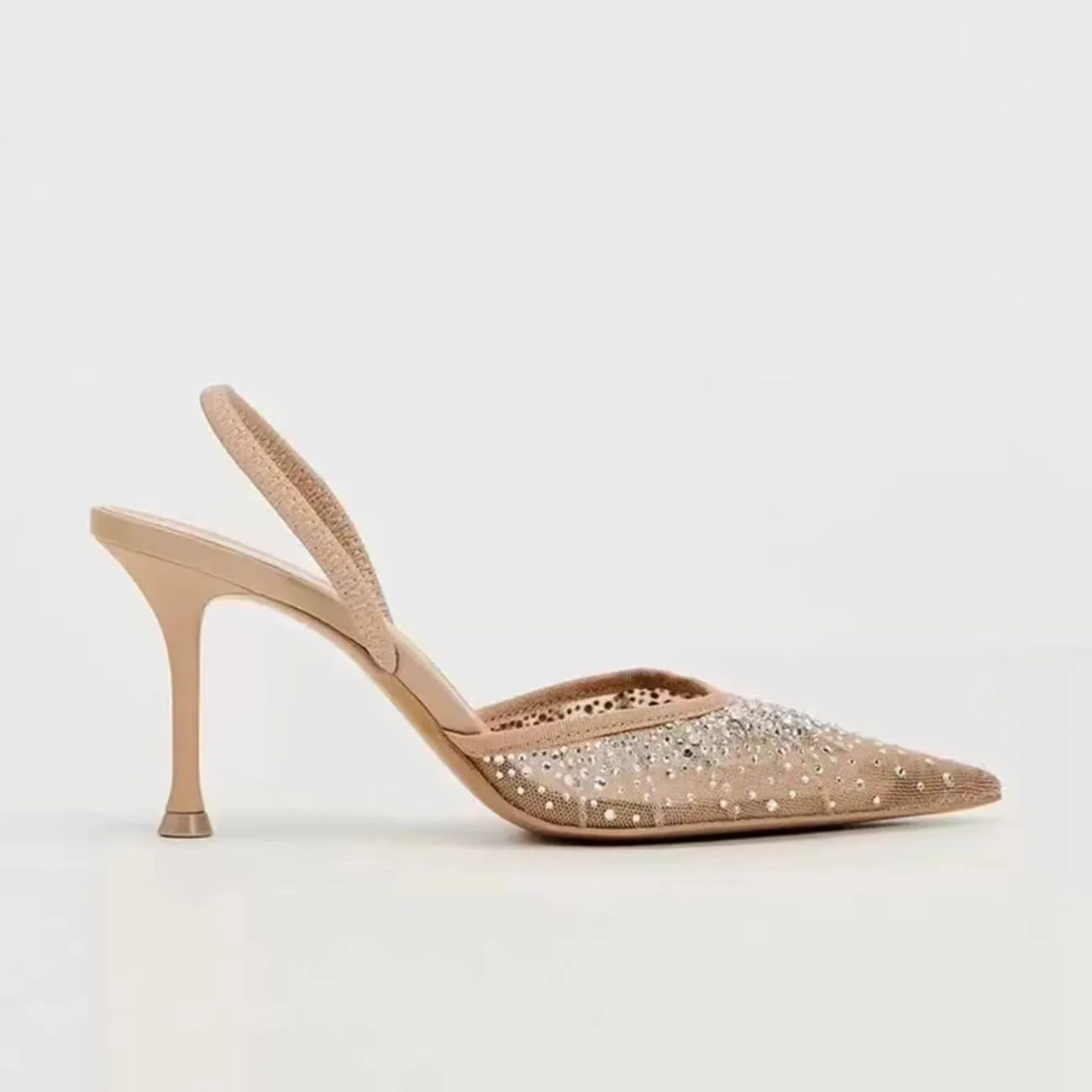 MRKEWUNEY Fashion Mesh Slingback Pumps Shoes for Women Ankle Strap Pointed Toe Pumps