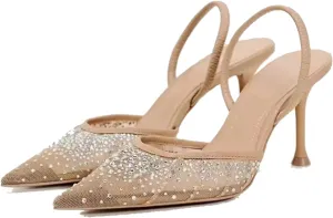 MRKEWUNEY Fashion Mesh Slingback Pumps Shoes for Women Ankle Strap Pointed Toe Pumps