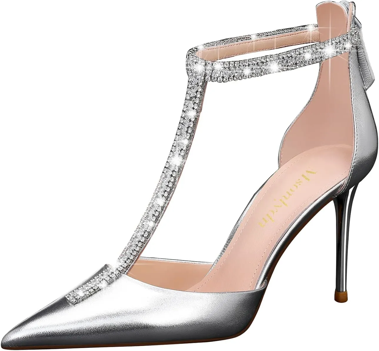 MSONLYDN Leather Pumps Dress Women Pumps Comfortable Ankle Closed Heel Zipper T Strap Stiletto 3.35 inch