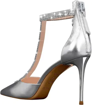 MSONLYDN Leather Pumps Dress Women Pumps Comfortable Ankle Closed Heel Zipper T Strap Stiletto 3.35 inch