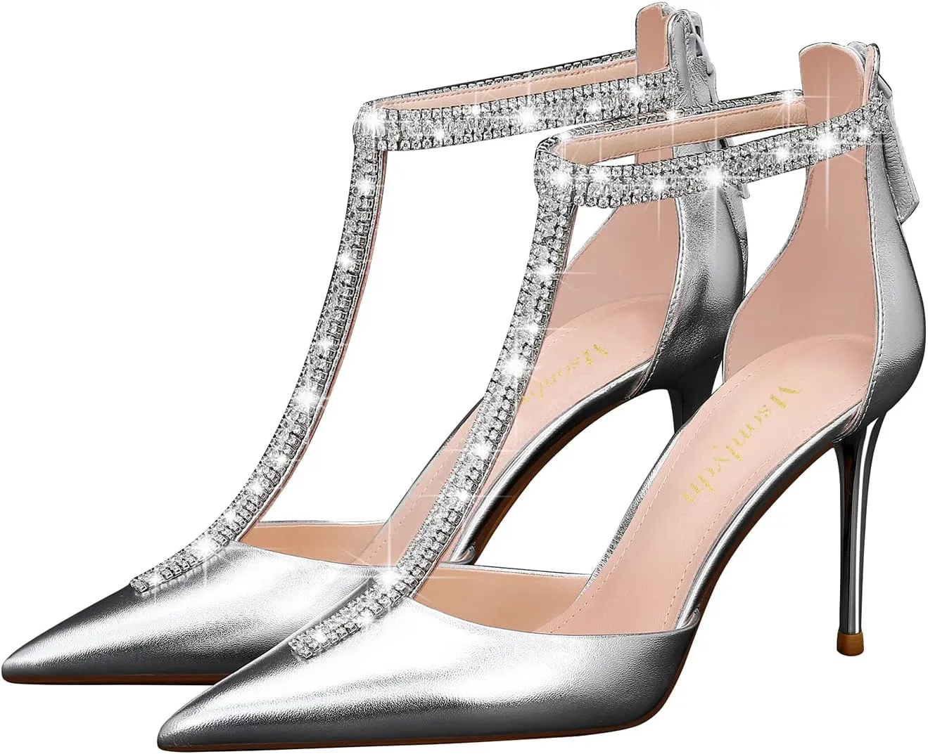MSONLYDN Leather Pumps Dress Women Pumps Comfortable Ankle Closed Heel Zipper T Strap Stiletto 3.35 inch