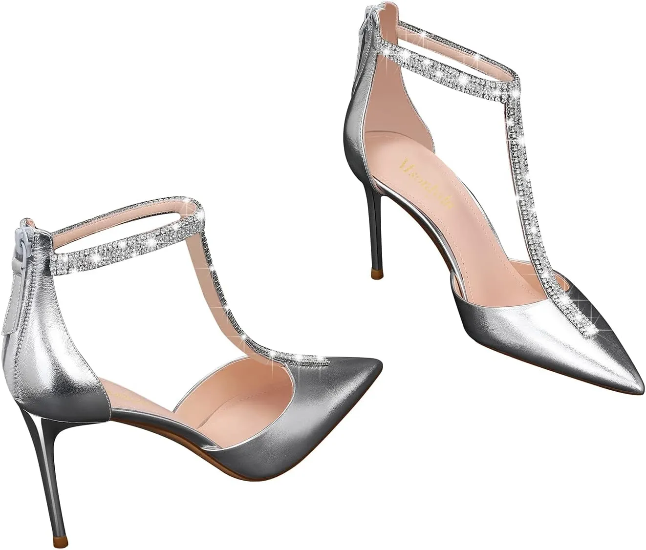 MSONLYDN Leather Pumps Dress Women Pumps Comfortable Ankle Closed Heel Zipper T Strap Stiletto 3.35 inch
