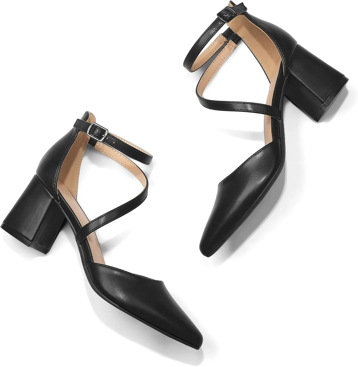 mysoft Women's Pumps Low Chunky Block Heels Pointed Toe Ankle Strap Across Instep Strap Party Wedding Dress Shoes