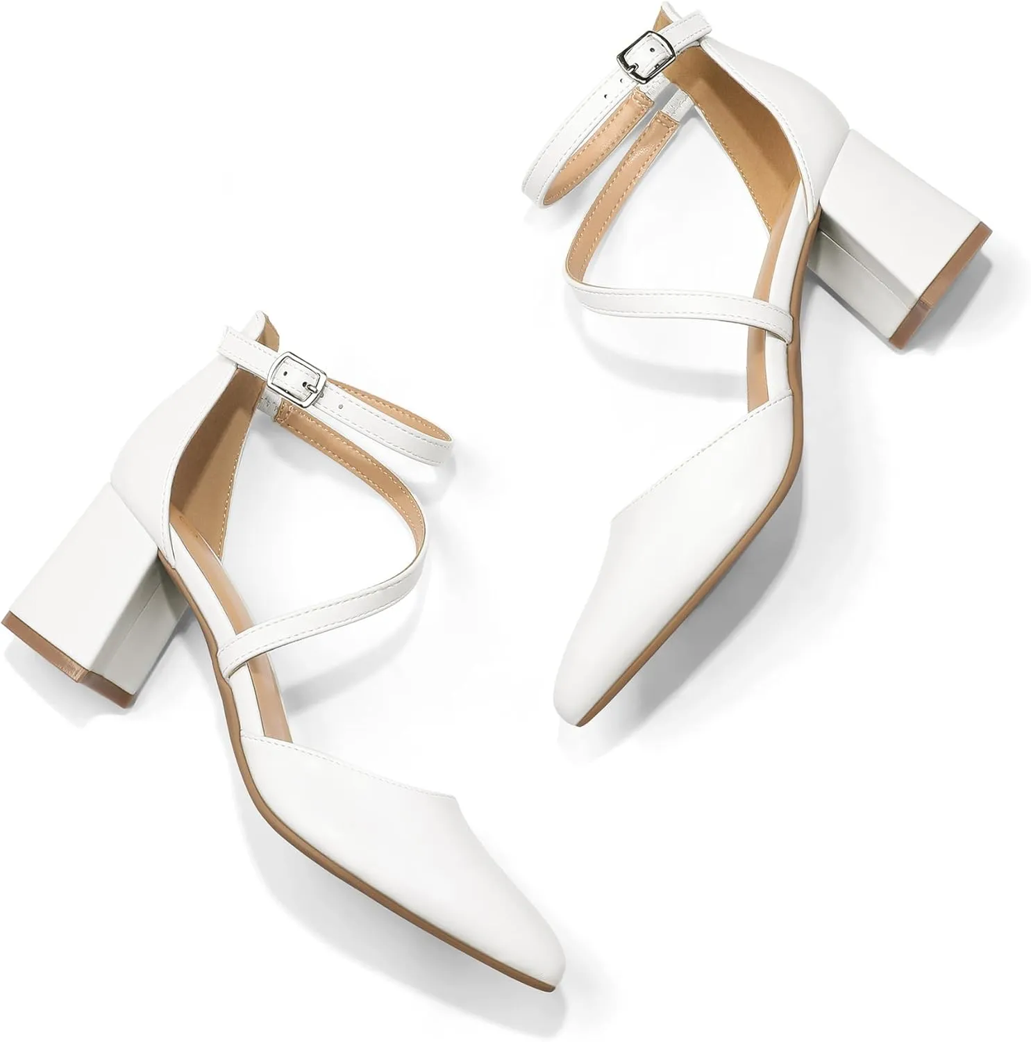 mysoft Women's Pumps Low Chunky Block Heels Pointed Toe Ankle Strap Across Instep Strap Party Wedding Dress Shoes