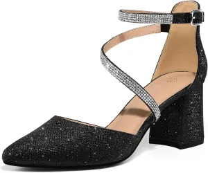 mysoft Women's Pumps Low Chunky Block Heels Pointed Toe Ankle Strap Across Instep Strap Party Wedding Dress Shoes