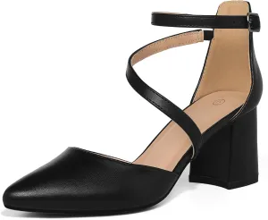 mysoft Women's Pumps Low Chunky Block Heels Pointed Toe Ankle Strap Across Instep Strap Party Wedding Dress Shoes