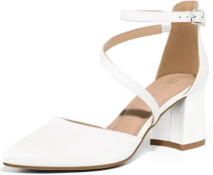 mysoft Women's Pumps Low Chunky Block Heels Pointed Toe Ankle Strap Across Instep Strap Party Wedding Dress Shoes