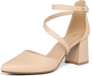 mysoft Women's Pumps Low Chunky Block Heels Pointed Toe Ankle Strap Across Instep Strap Party Wedding Dress Shoes