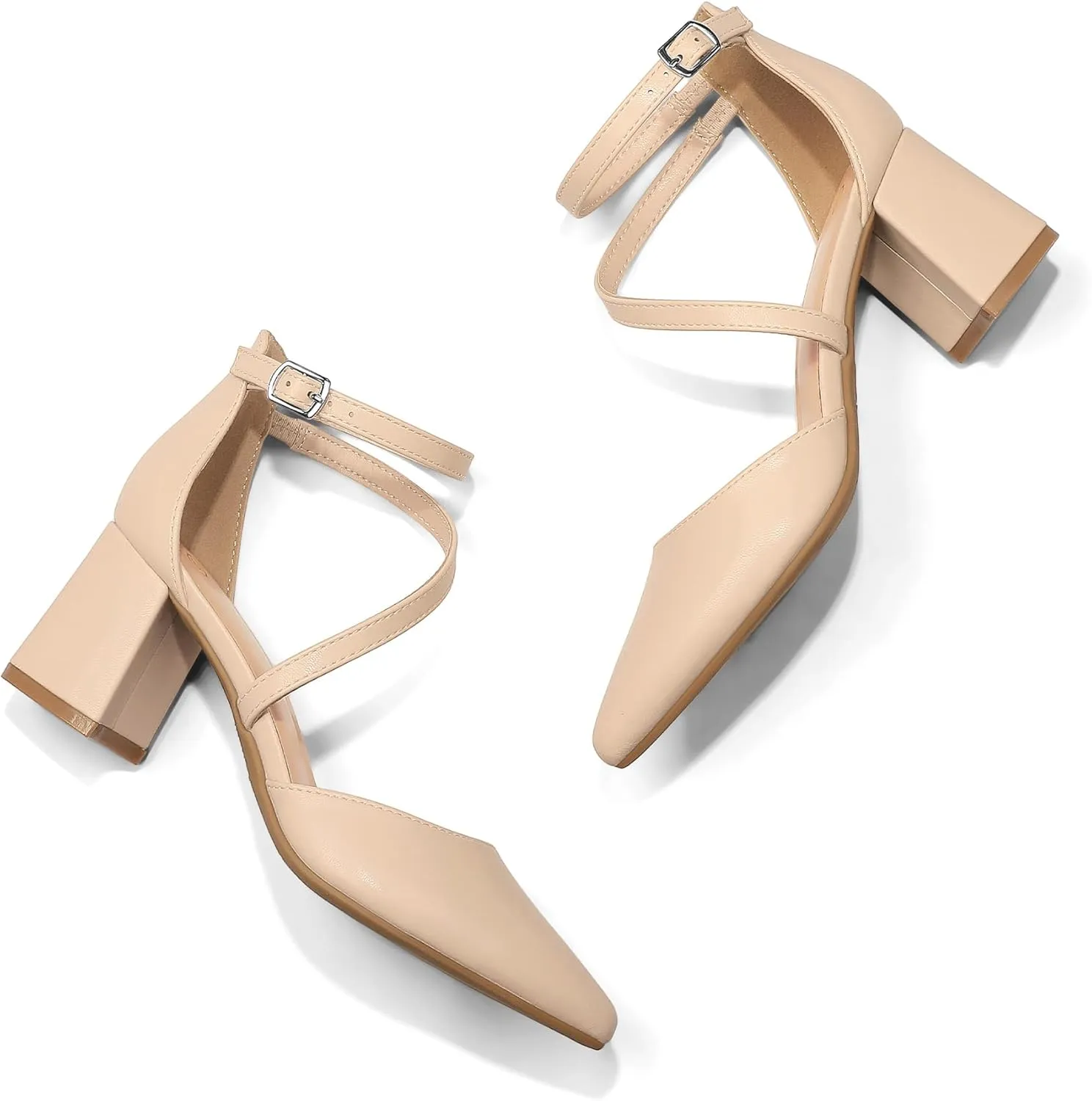 mysoft Women's Pumps Low Chunky Block Heels Pointed Toe Ankle Strap Across Instep Strap Party Wedding Dress Shoes