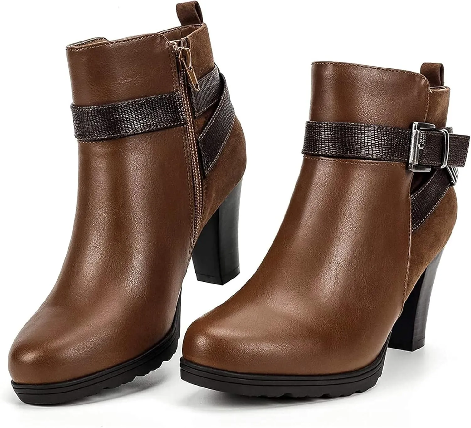 mysoft Women's Zipper Booties Chunky Stacked Heel Ankle Boots Buckle Strap Ankle