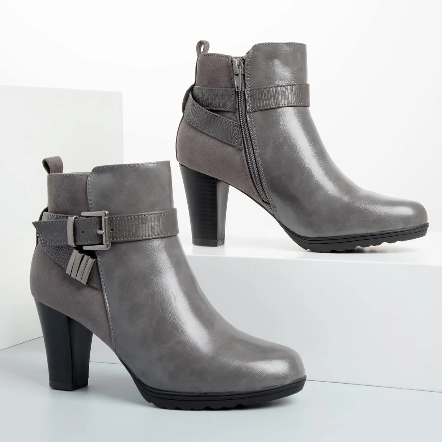 mysoft Women's Zipper Booties Chunky Stacked Heel Ankle Boots Buckle Strap Ankle