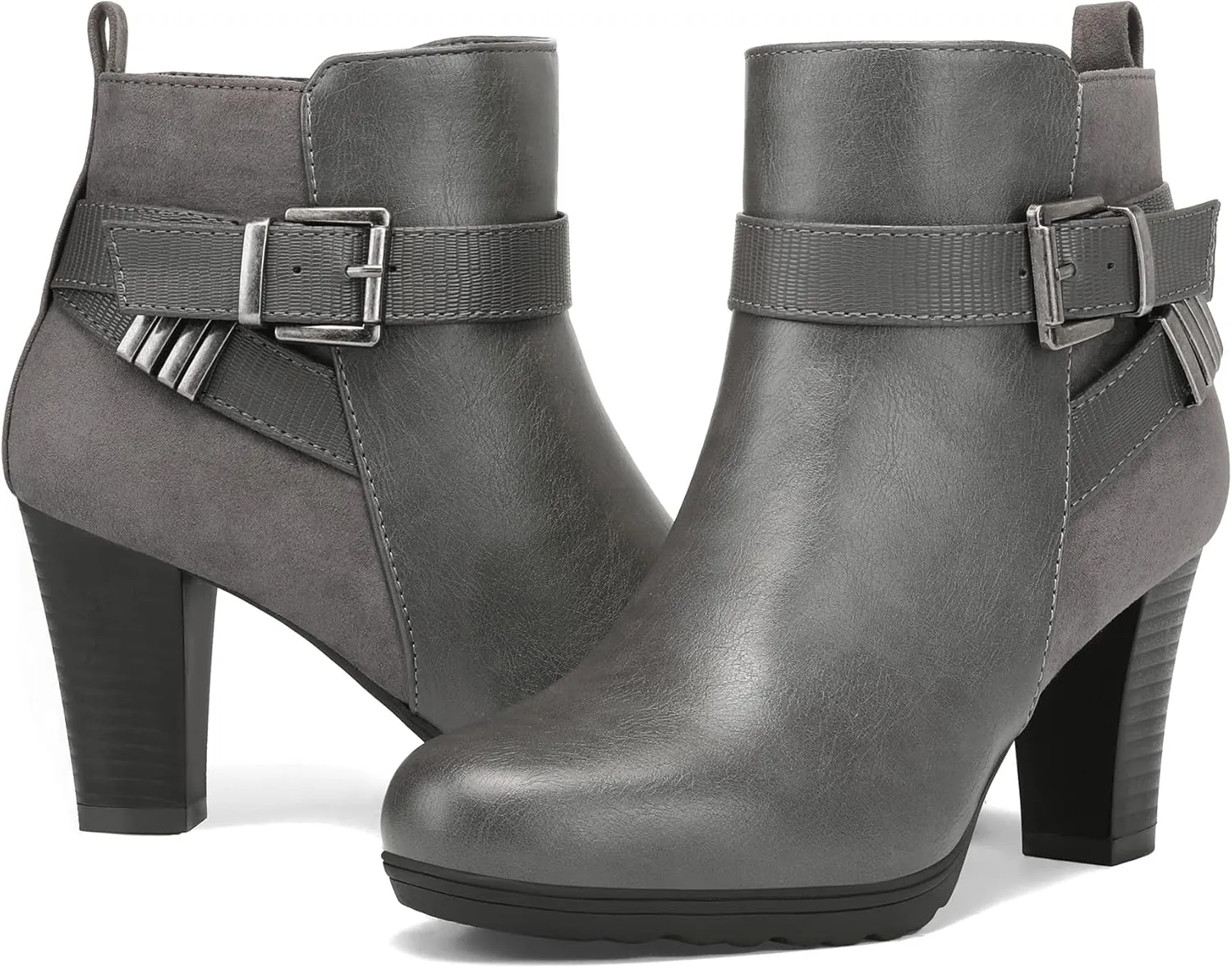 mysoft Women's Zipper Booties Chunky Stacked Heel Ankle Boots Buckle Strap Ankle