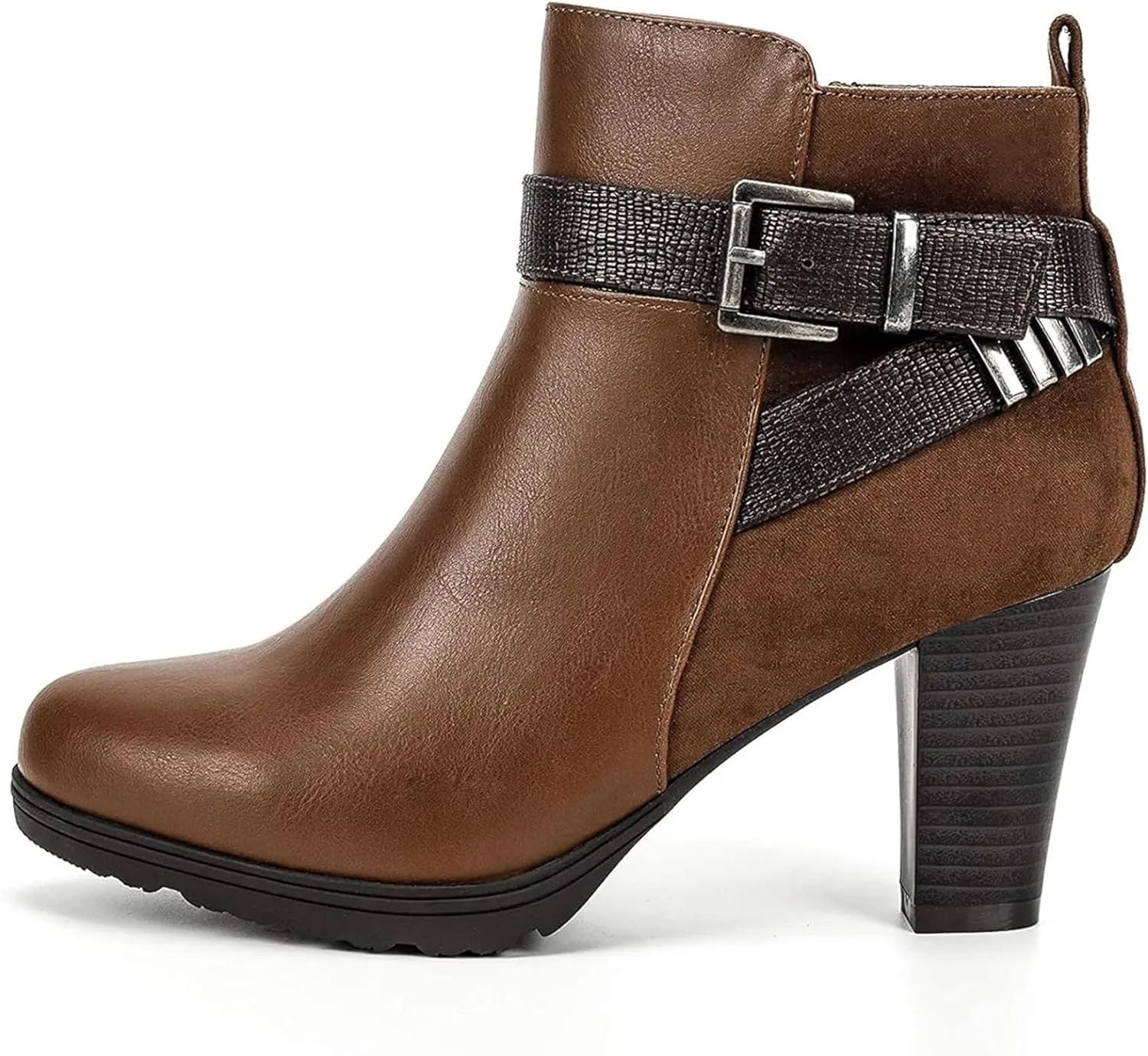 mysoft Women's Zipper Booties Chunky Stacked Heel Ankle Boots Buckle Strap Ankle