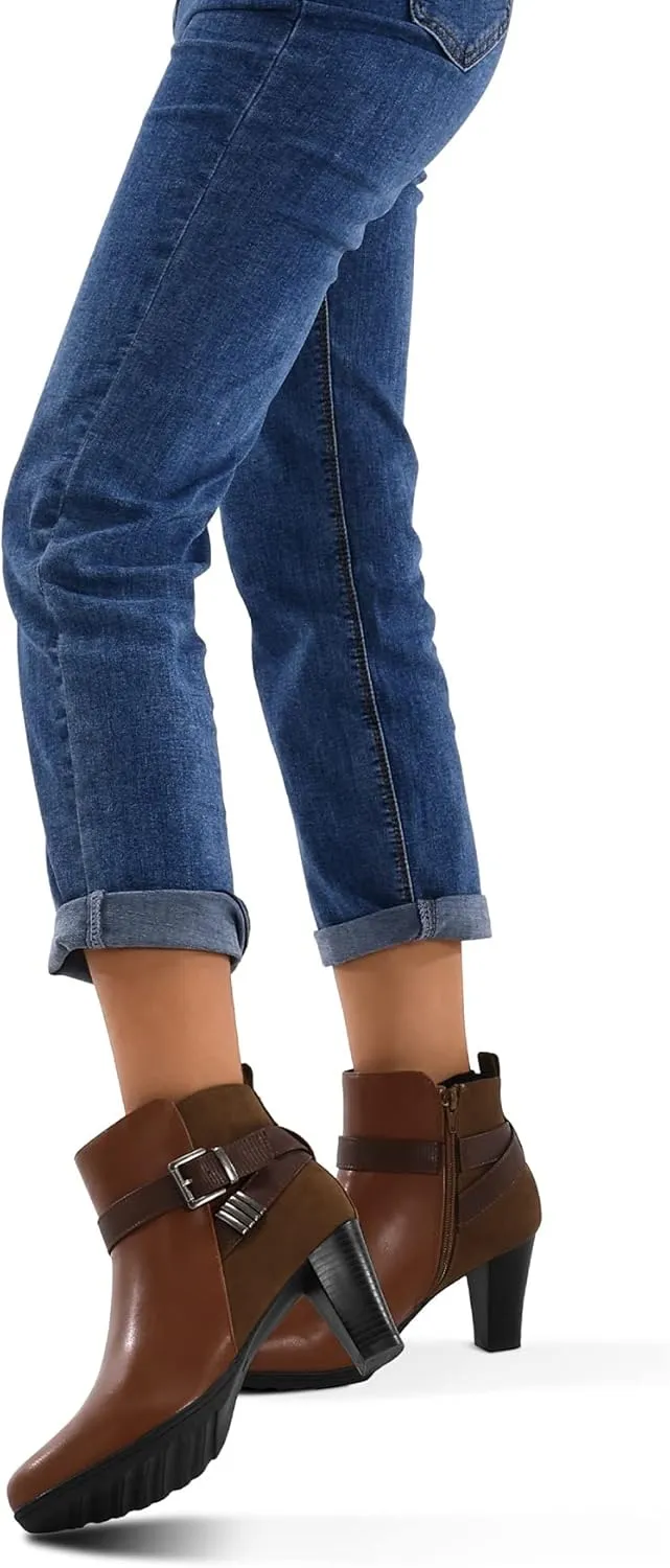 mysoft Women's Zipper Booties Chunky Stacked Heel Ankle Boots Buckle Strap Ankle
