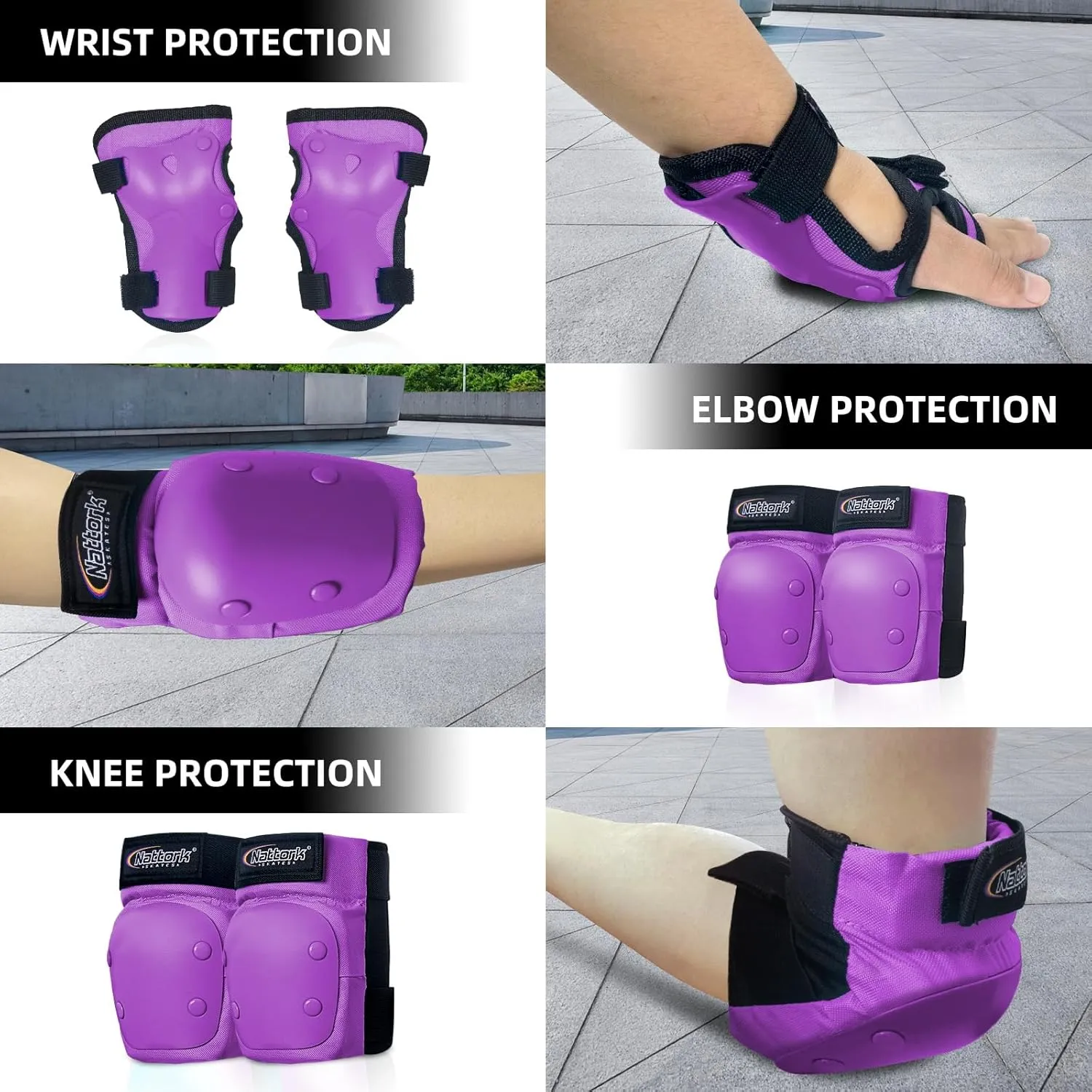 Nattork Knee Pads, Elbow Pads&Wrist Guards for Kids Youth Adults, 6 in 1 Protective Gear Set for Skateboard, Roller Skate, Inline Skates, Cycling and Scooter Boys Girls Age 3-15